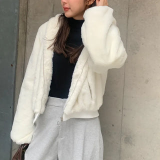 Fur cropped hooded zip-up