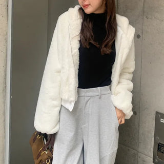 Fur cropped hooded zip-up