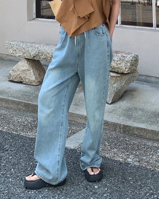 Elastic waistband drawstring denim wide-leg pants