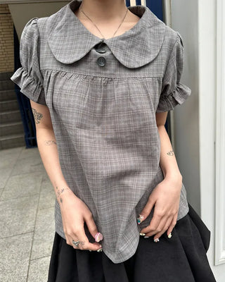 Button-up bust gathered yoke puff blouse