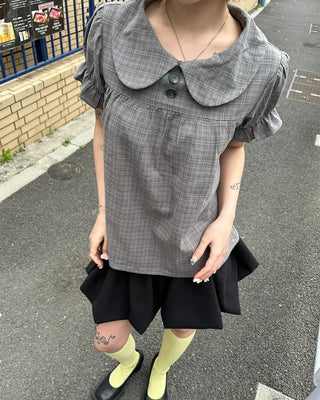 Button-up bust gathered yoke puff blouse