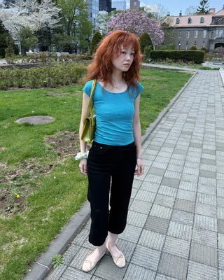 U-neck striped short-sleeved T-shirt