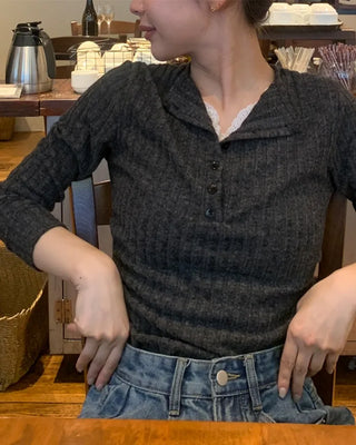 Lace-layered button-detail T-shirt