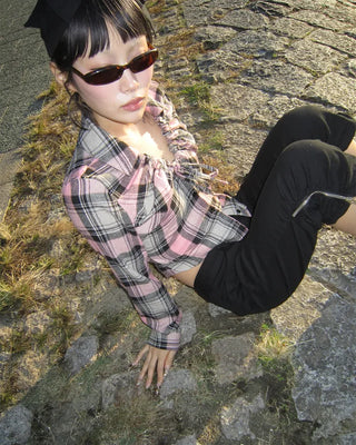 V-neck button-up check flannel blouse