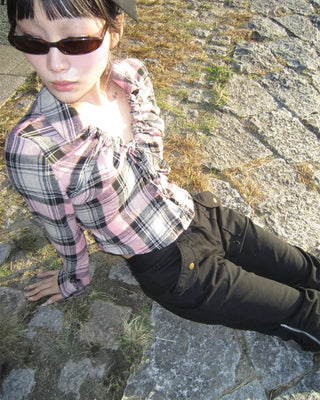 V-neck button-up check flannel blouse