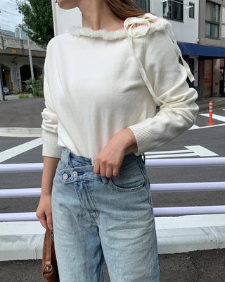 Fringe detail off-shoulder knit