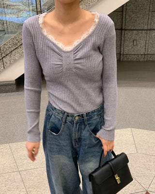 Lace neckline ribbed knit
