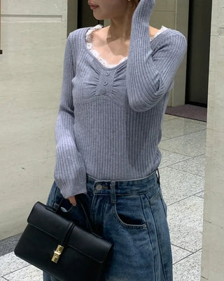 Lace neckline ribbed knit