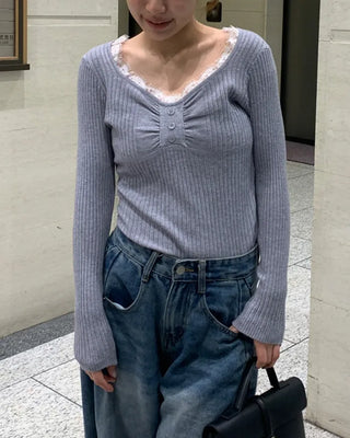 Lace neckline ribbed knit