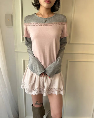 Lace off-shoulder layered long t-shirt