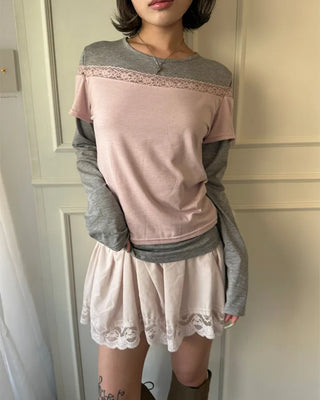 Lace off-shoulder layered long t-shirt
