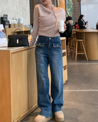 Lace pocket denim pants