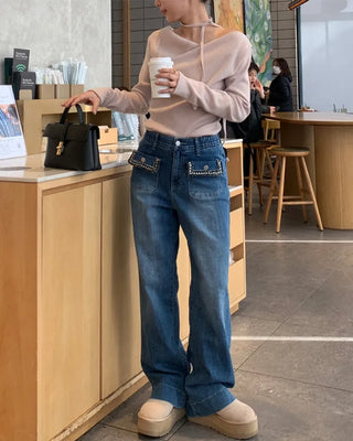 Lace pocket denim pants