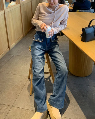 Lace pocket denim pants