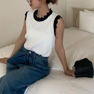 Two-tone perforated knit top