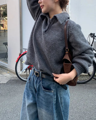 Button-collar long-sleeved knit