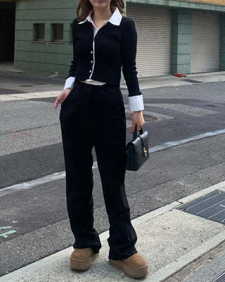 Shirt-layered long-sleeved cardigan
