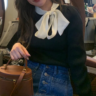 Scarf-layered ribbed knit
