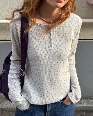 Henley Neck Flower Thermal Long T-Shirt