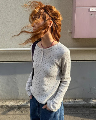 Henley Neck Flower Thermal Long T-Shirt