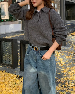 Button-collar long-sleeved knit