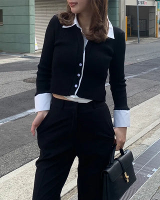 Shirt-layered long-sleeved cardigan