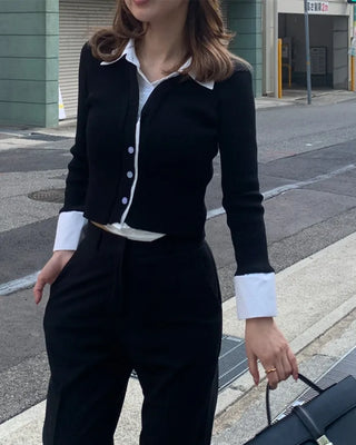 Shirt-layered long-sleeved cardigan