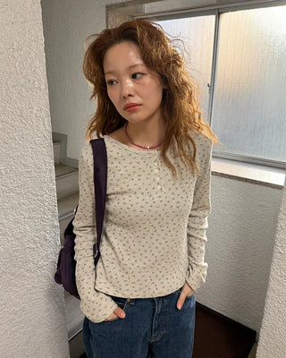 Henley Neck Flower Thermal Long T-Shirt