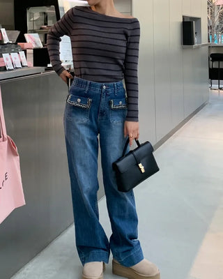 Lace pocket denim pants