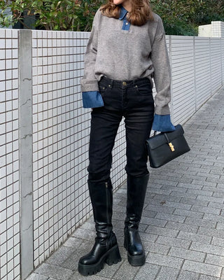 Denim two-tone accent color knit