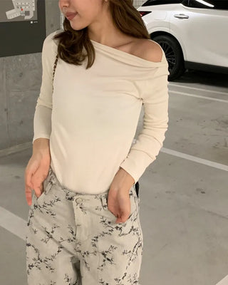 Boat neck simple long-sleeved T-shirt