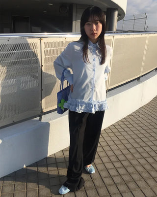 Two-pleat, center-creased wide-leg slacks