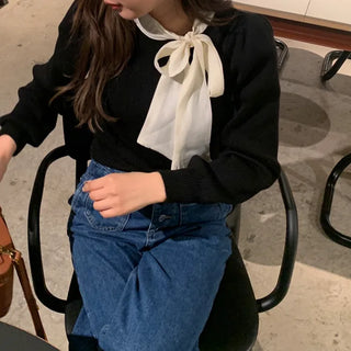 Scarf-layered ribbed knit
