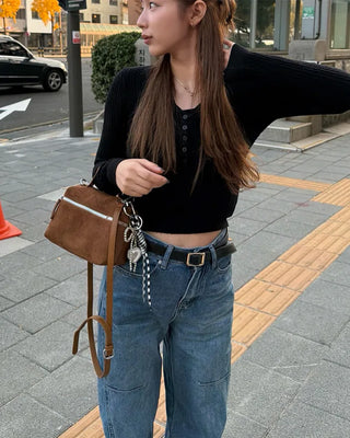 Square suede mini bag with zipper detail