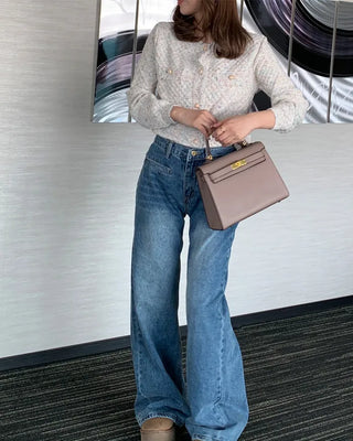 Back-slit bootcut denim pants