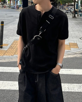 Henley neck short-sleeved T-shirt