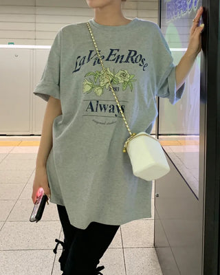 Pigmented floral print loose half-length T-shirt