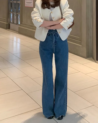Strap high-waisted denim pants
