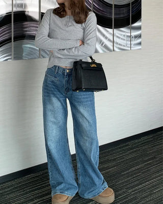 Back-slit bootcut denim pants