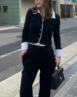 Shirt-layered long-sleeved cardigan