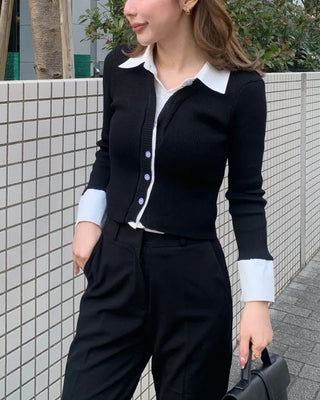 Shirt-layered long-sleeved cardigan