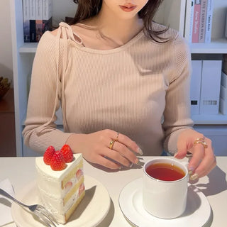 Asymmetrical Ribbon Knit T-Shirt