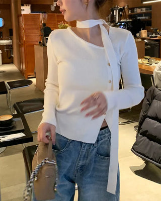 Asymmetrical Button Cardigan & Tie Set