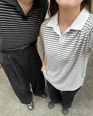 (Unisex) Striped Open Collar Short Sleeve T-Shirt