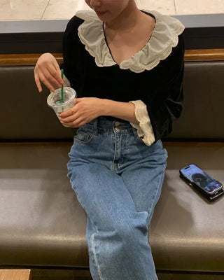 Frilled velvet blouse