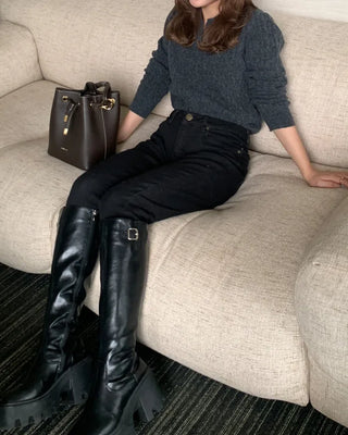 Open-collar cable knit sweater