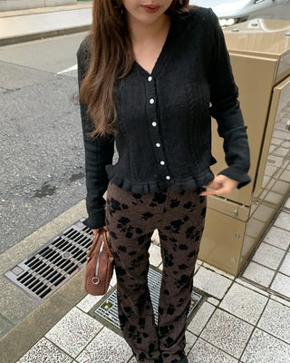 Flower Pattern Slim Fit Knit Bootcut Pants