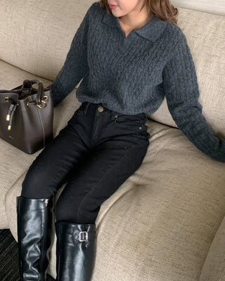 Open-collar cable knit sweater