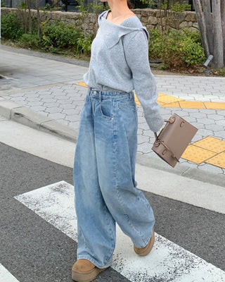 Slit denim wide-leg pants