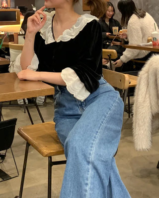 Frilled velvet blouse